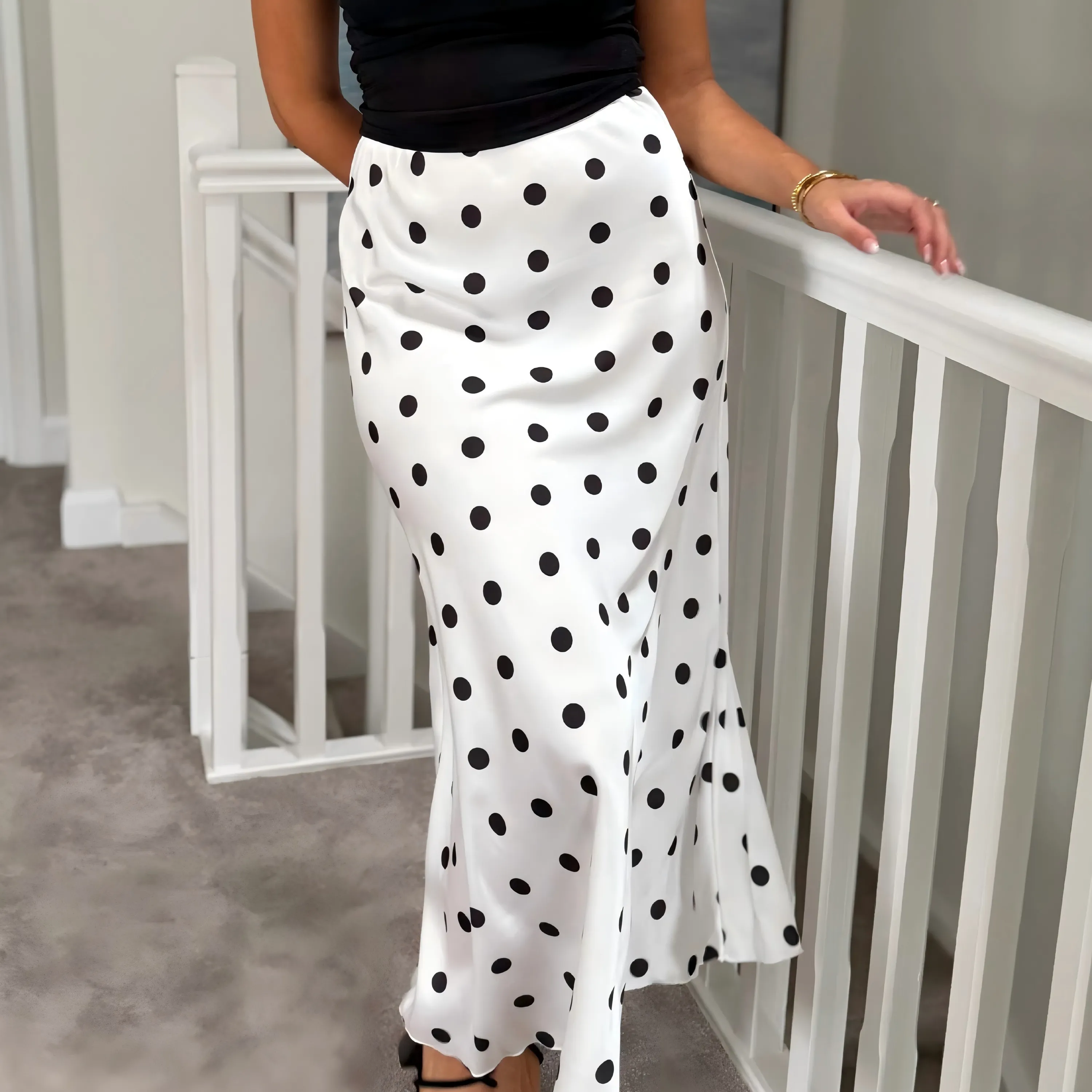 Nouvelle Arrivée 2026 Jupe Longue Blanche à Pois Taille Haute Fluide Coupe Évasée Maxi pour Femme